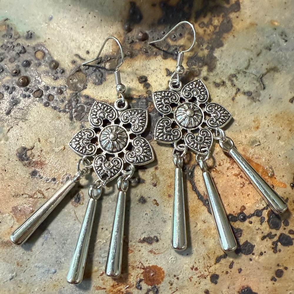 Intricate Silver Floral Drop Earrings